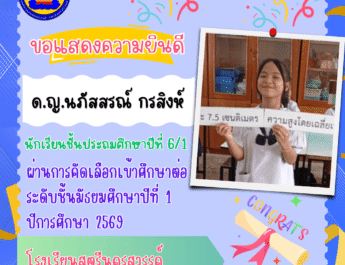 ขอแสดงความยินดีกับนักเรียนที่สอบผ่านการคัดเลือกเข้าศึกษาต่อชั้นมัธยมศึกษาปีที่ 1 ปีการศึกษา 2569